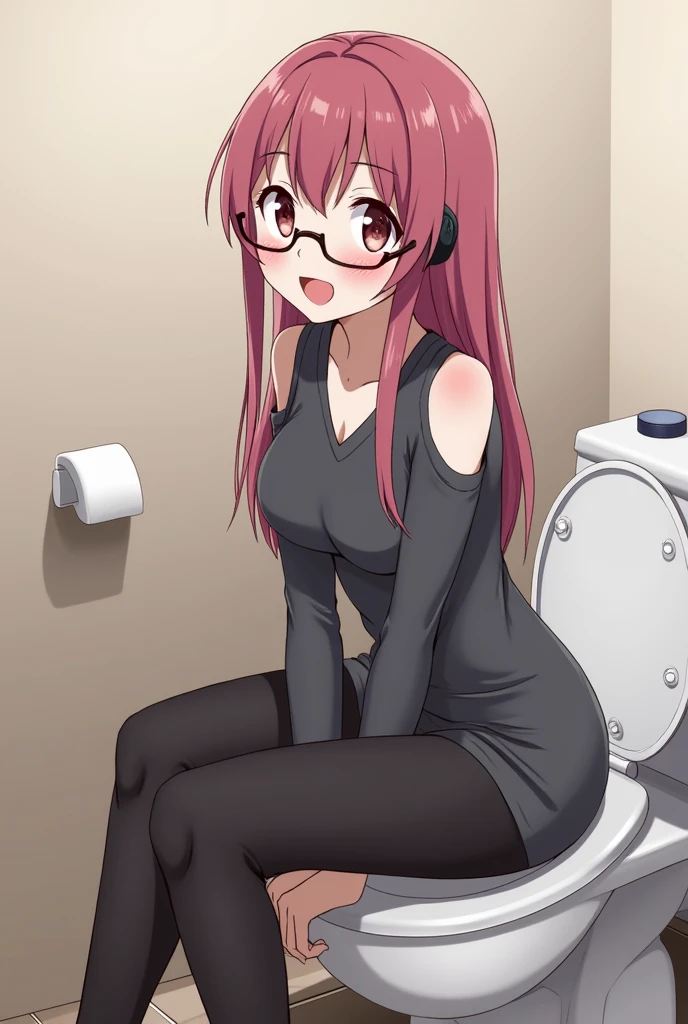 Anime, black leggings, glasses, sit toilet, happy, - SeaArt AI