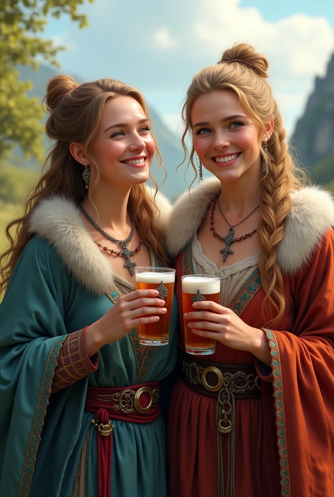 A fantastic medieval gnome. Wear well-kept medieval travel clothes. A long braid of brown hair surrounds her neck.. His smile is sincere and happy. Raise a beer inviting a toast.