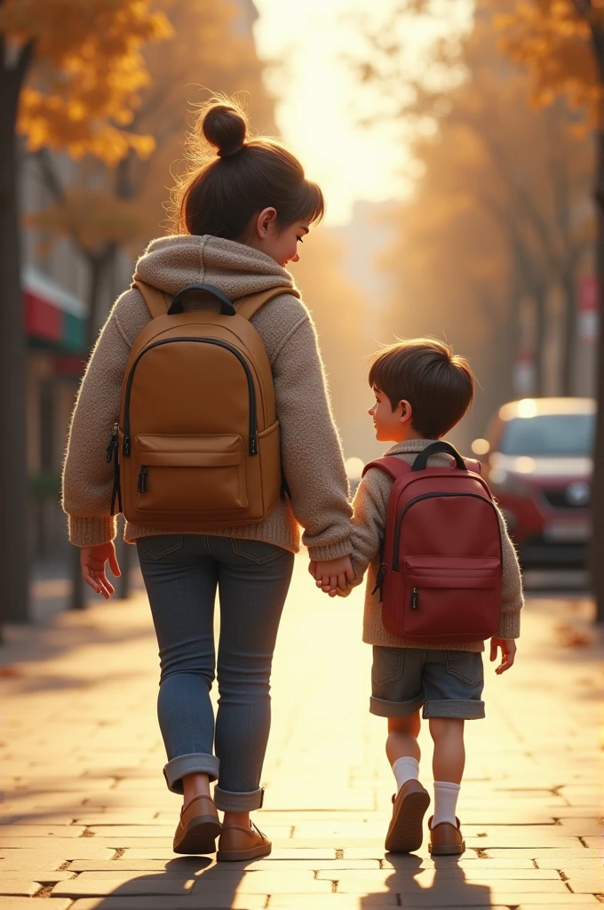 (8k, RAW photo, best quality, masterpiece:1.3),(realistic, photo-realistic:1.37),realistic skin texture,(photorealistic:1.3),(hyperrealistic:1.2.3.4), super sexy Asian mother and her primary school son walking to school.