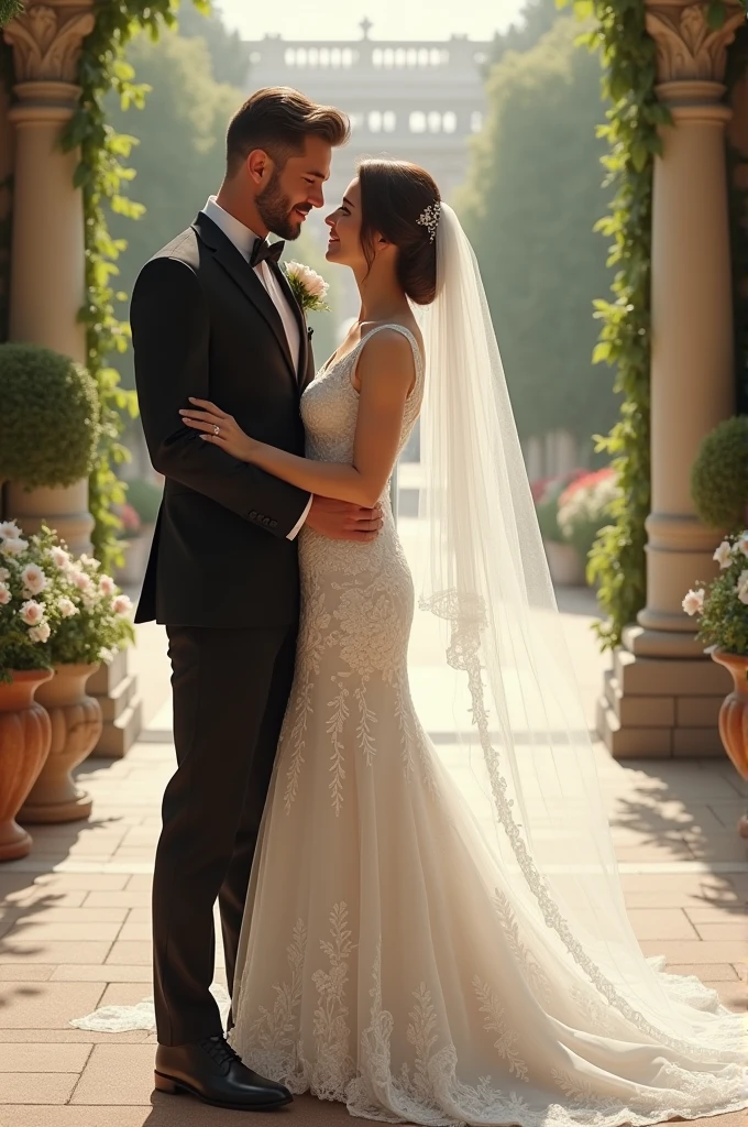 couple wedding man wear tuxedo and woman, look at each other, happy, smile, romantic, roses, garden, outdoors, details, Photorealistic, Hyperrealistic, Hyperdetailed, analog style, hip cocked, demure, low cut, black lace, detailed skin, matte skin, soft lighting, subsurface scattering, realistic, heavy shadow, masterpiece, best quality, ultra realistic, 8k, golden ratio, Intricate, High Detail, film photography, soft focus, bokeh,
