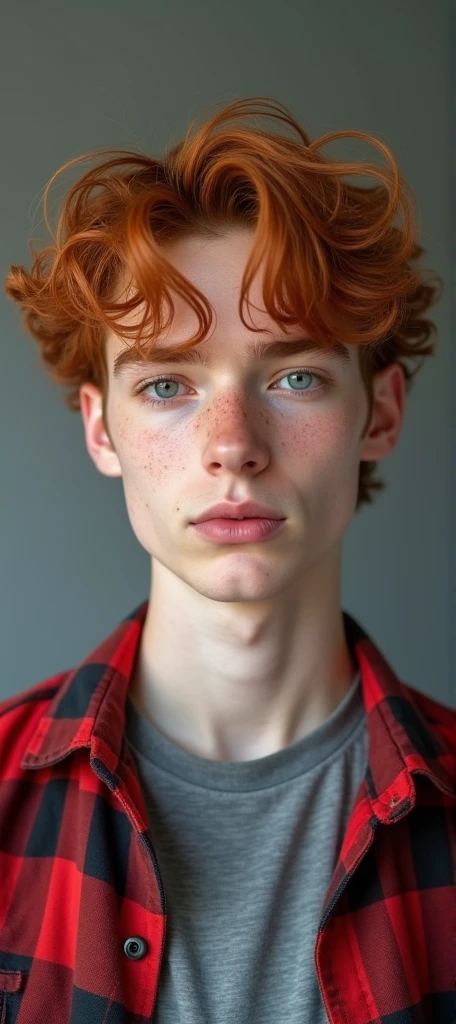 Redhead Canadian boy with white skin and freckles, golden eyes and fanged smile