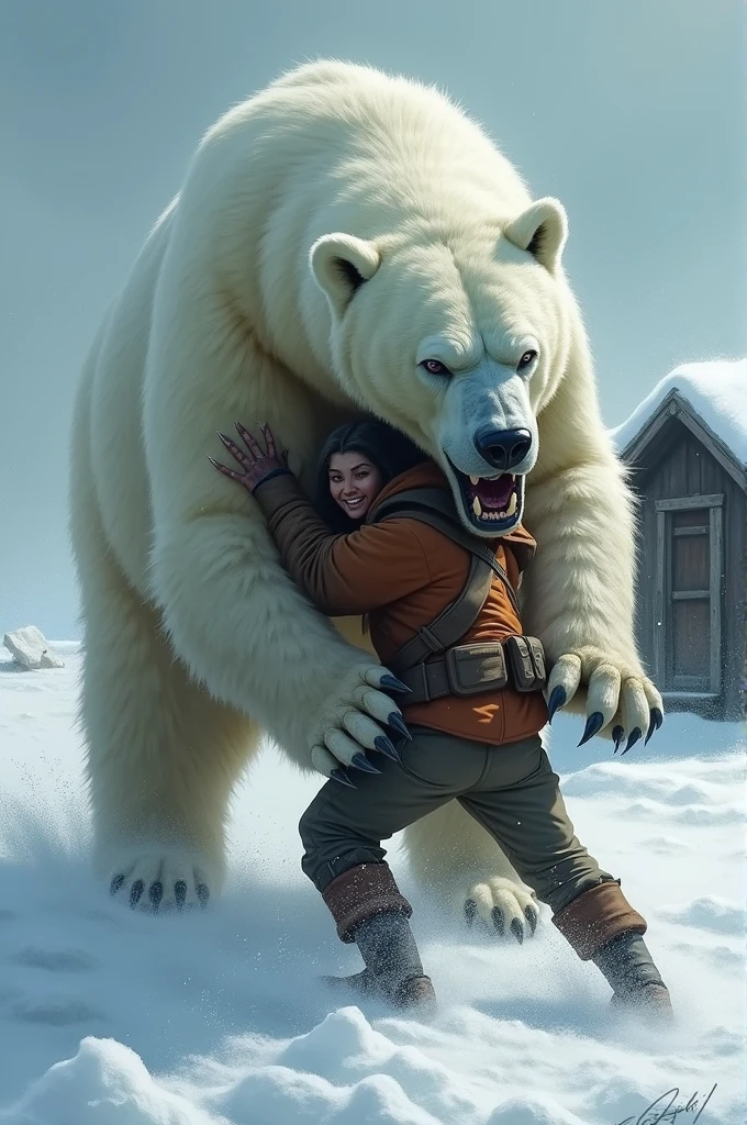 NSFW (nude) (Anna ((human)) medium breasts, strip of pubic hair) vaginal penetration, fucking male furry polar bear with red dog penis, full body, in a deserted snowy landscape