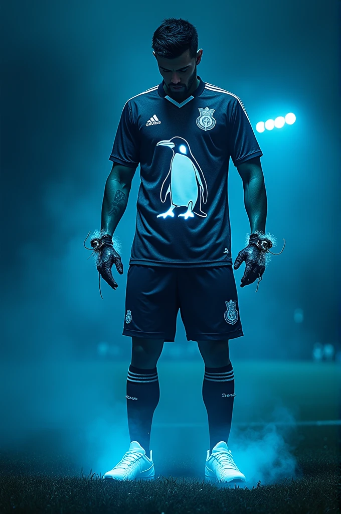 Create a white football shirt with blue details and a shark on the chest