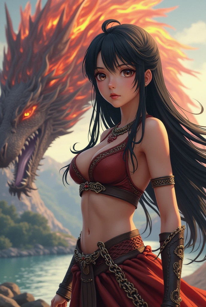 a beautiful detailed anime MILF, 1girl, long black straight hair, dark red eyes, big breasts, chain mail bikini, red eyes black dragon, highly detailed, intricate, masterpiece, ultra-detailed, extremely detailed, cinematic lighting, dramatic shadows, photorealistic, 8k, HDR, vivid colors, hyper realistic