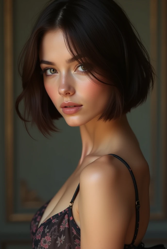 masterpiece, Best Quality, Photorealistic, Ultra-detailed, finely detail, hight resolution, 8k wallpaper, RAW color photo, Professional, high level of detail, Beautiful brunette woman, (detailed brown eyeoco nítido, awardwinning photo, ((Facing the front)), ((Look at viewers)), Small light, Low contrast, Facial symmetry, depth of fields, Cinematic background in road, central image, Lights up softly, (finely detailed skin), pale skin, Realistic skin texture, Extreme skin details, (pores: 0.1), red dress, small bust with good shape, , slim figure, Hourglass body shape