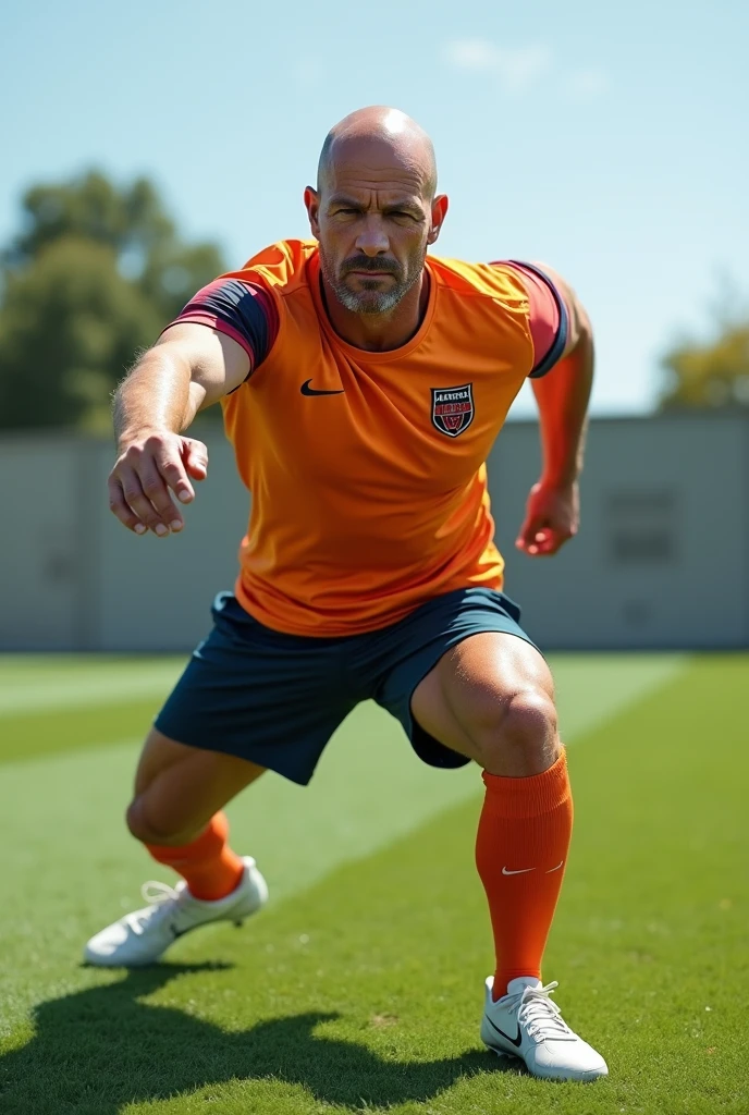 A captivating and impressive photograph of Cristiano Ronaldo but at 80 years of age. He has gray hair, wrinkles on his skin, he is on a soccer field, walking while kicking a soccer ball.