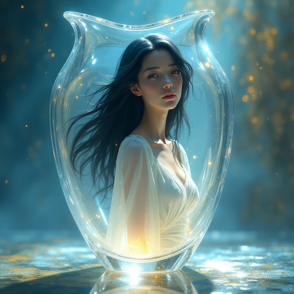 A woman inside a sphere, Woman in kimono, The sphere vibrates., Females are wet, The kimono is transparent, The woman is inside the sphere., The sphere is black and shiny., Fantasy, delicate, The background and the woman blend together., My whole body is wet, black hair, reflection light, best quality, super detail, masterpiece