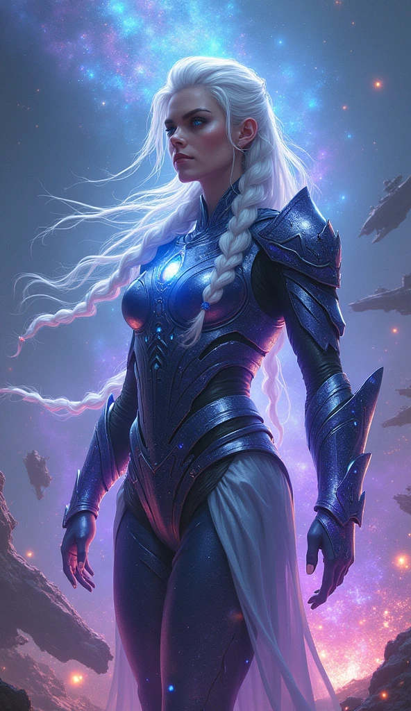 Nebula, woman, cosmic warrior, slightly translucent skin, white hair with lateral braids, sparkling pool blue eyes, tall and imposing woman. She wears futuristic galactic armor that combines metallic shades of blue and purple, with details that shine like moving constellations and a translucent cape that appears to be made of star mist. Her armor is partially damaged, revealing an inner glow that appears to be a fusion. of cosmic energy. His arms are raised, releasing a powerful beam of light that creates a supernova explosion around him. His armor plates feature detailed engravings of star maps and small crystals that glow as his energy flows. The scenery in the background shows wreckage of ships floating in the space void, while colorful explosions illuminate the darkness.
