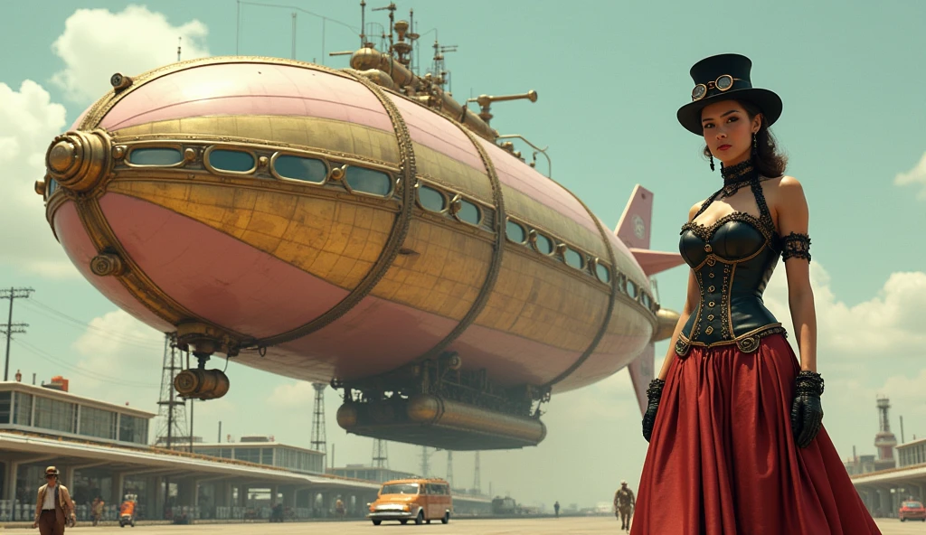 there is a woman in a white dress and some people, film still from sin city, being delighted and cheerful, steampunk city on the background, bronze - skinned, fallout airplane concept art, riverdale, protagonist in foreground, colorgrading