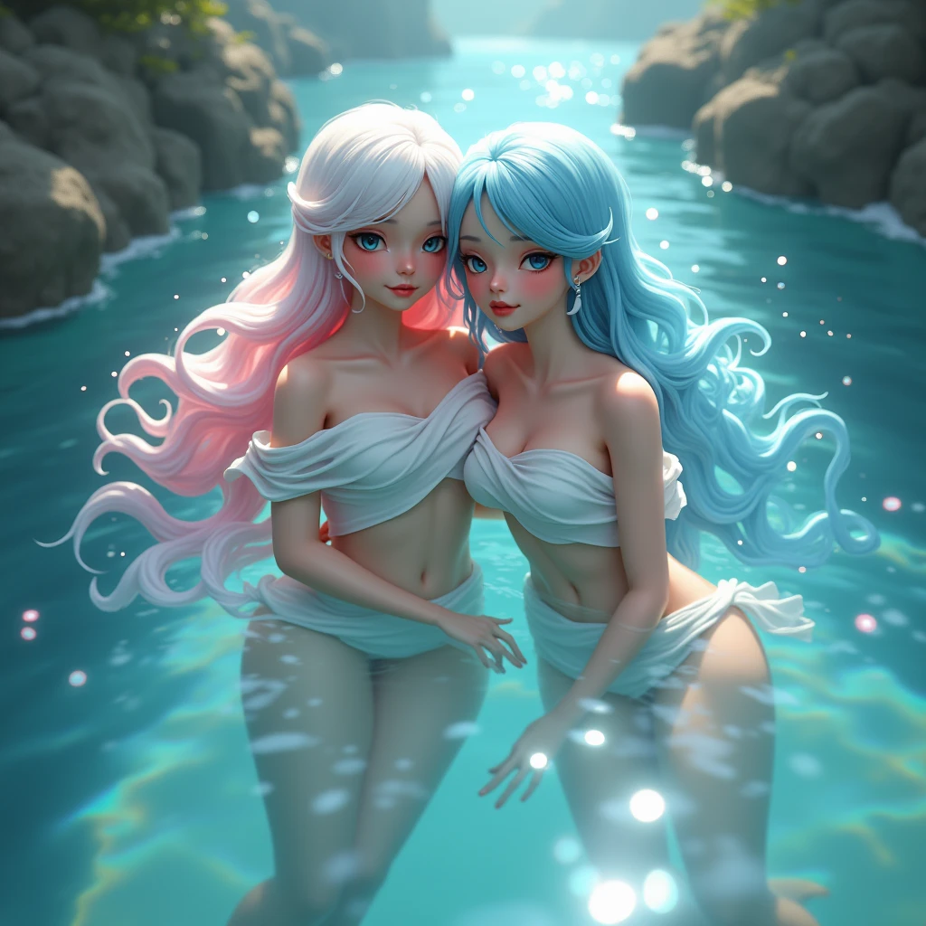A pair of gorgeous, sinewy, sea elf women (age 30). sing and dace on the surface of the ocean u moonlight.