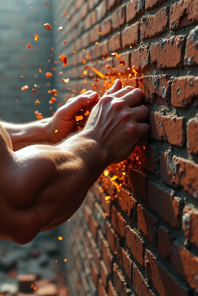 A brick wall and strong big muscular hands that hit the wall and break when the pieces of brick fly