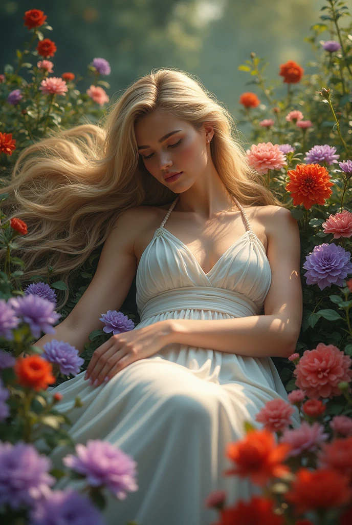 Naked woman lying on grass with hair blowing in the wind., hair covers her body, monia merlo, Girl in a bed of flowers, Sleeping Beauty fairytale, Sleeping Beauty, in the style of anna dittmann, ophelia, a stunning young ethereal figure, inspired by Edward Robert Hughes, ' lost in a lucid dream, albi albi, with pale skin. polaroid style photography