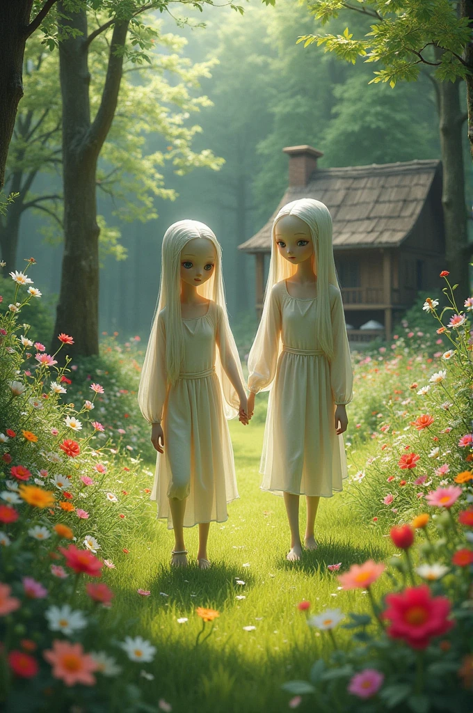 Two girls of about , both with very white skin and long, loose white hair., Brown eyes, dressed in very long white tunics that cover their feet,without shoes, Hugging and scared in the jungle during the day