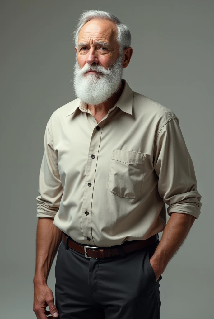 An elder with a beard and white hair, with a serene face wrinkles, looking producing, body older weak, skinny bones hairy, body naked with tie and socks and suspenders and old briefs on bed.