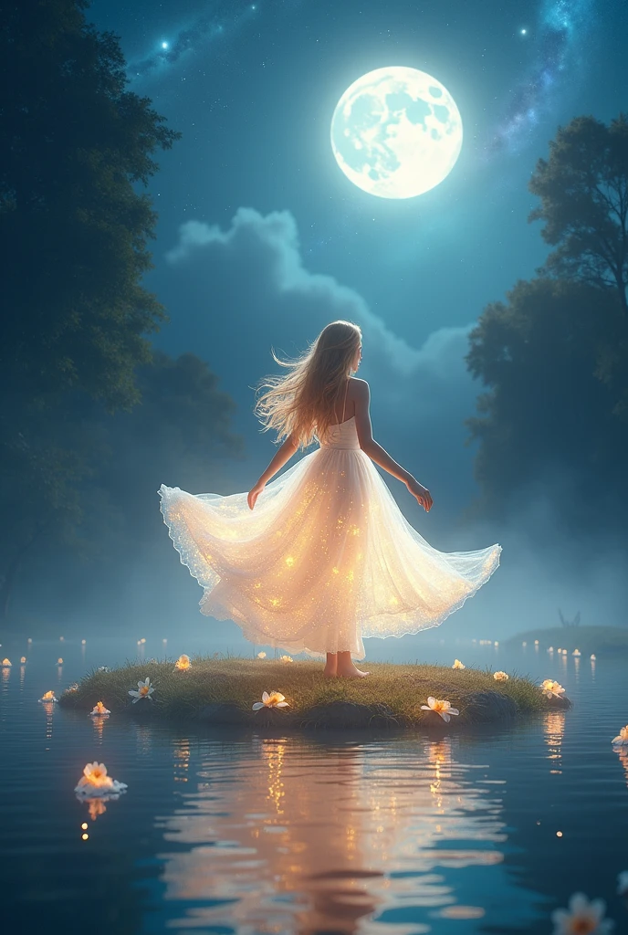 Ethereal paradise, 1girl, moonlit dance of spirits, reflecting romantic supernatural