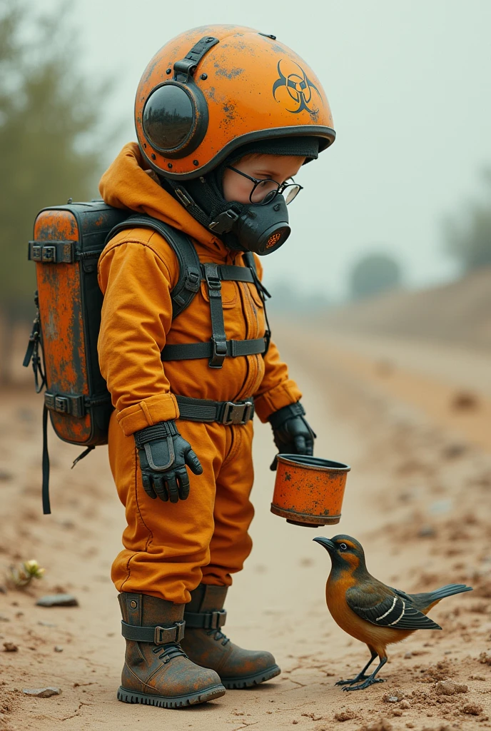 Epic photographic style , A boy ,wearing a bio hazard logo helmet and oxygen mask,skinny body, wears sophisticated and futuristic robot-style protective suits of dirty and rusty orange, wearing glasses ,carry a backpack, gives a small drink of water in an orange iron container to the little birds,  nearby a small tree seedling on the ground , on cracked and barren dry desert soil ,against the backdrop of small trees starting to grow ,, Top quality ,detail,ultra HD.