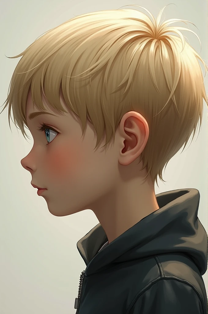 Semi realistic boy in profile, light brown hair grey eyes with black suit 