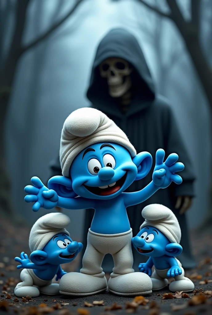 Create a stiker of a Smurf with 3  and behind death 