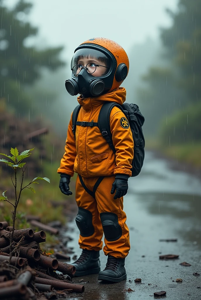 Epic photographic style , A boy ,wearing a bio hazard logo helmet and oxygen mask,skinny body, wears sophisticated and futuristic robot-style protective suits of dirty and rusty orange, wearing glasses ,carry a backpack, standing on a pile of rusty iron on the wet asphalt ,stared up at the sky watching the rain fall hard , nearby a small tree seedling set against small trees began to grow,, Top quality ,detail,ultra HD.