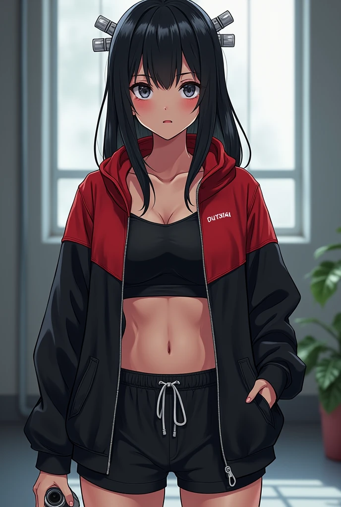 Off-the-shoulder attire，looks into camera，The upper part of the body，Black color hair，cleavage，track suit，sport