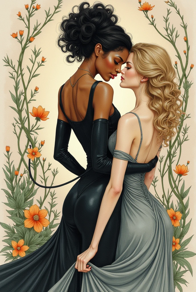
A book cover in shades of brown that shows the silhouettes of two erotic female bodies, one brown with long afro hair and the other white with black hair. 