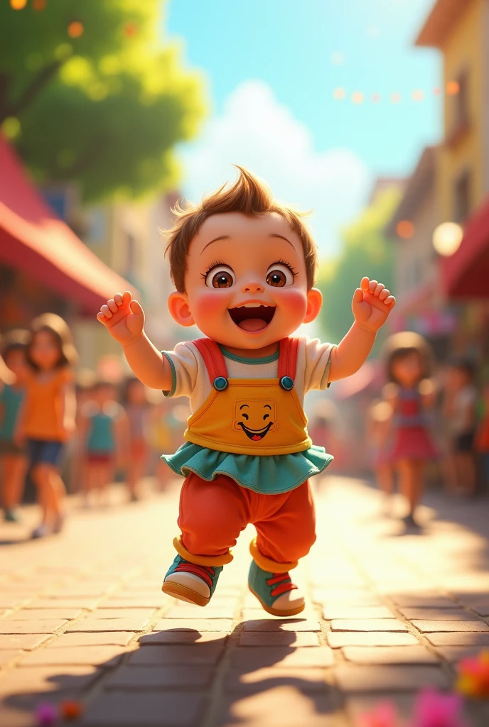 A baby wearing a Nami costume from One Piece is walking. The audience is around him, some clapping and some taking pictures. A fashion show. A 4K baby smiling.
