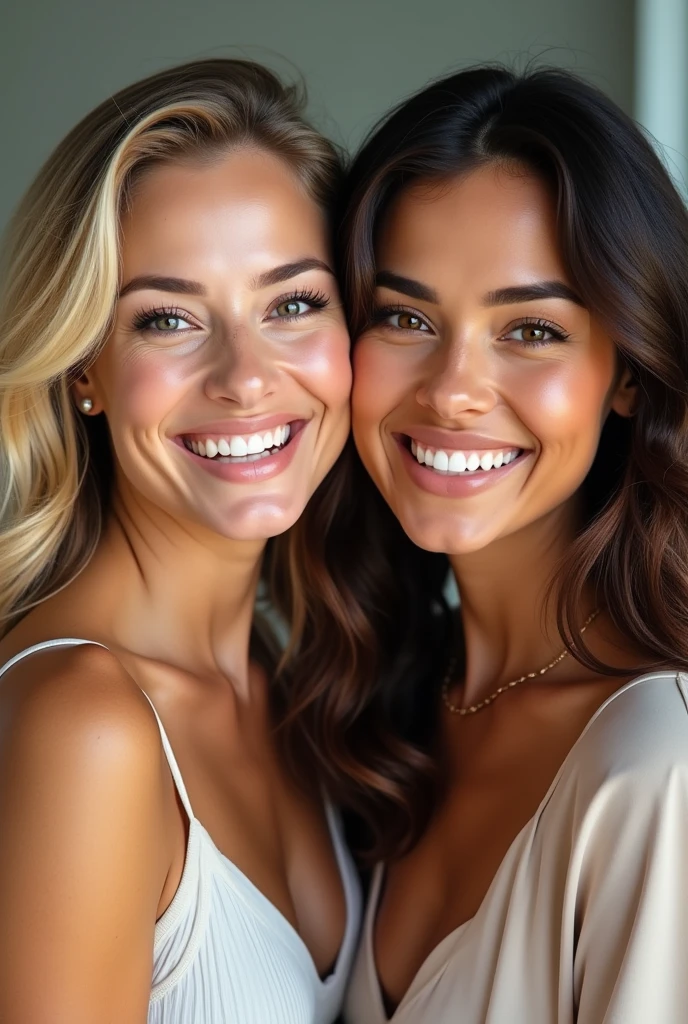 A blonde girl with wavy hair with her Hispanic friend with black hair and almond-shaped eyes, oval face shape, prominent cheekbones, and naturally wavy hair ,with a height of 170 cm, high resolution, work of art, best qualityer, complexdetails, highy detailed, sharpening, Detailed texture skin, Perfect eye details, Profession, 4k resolution, charming smile, shot with Canon, Depth of field, Cores Kodak Vision, extremely detaild, Fotografia Ultra-Realista, photo realist, Post-processing, Maximum details, True to life, instagram model, ensure that the model's entire body is shown
