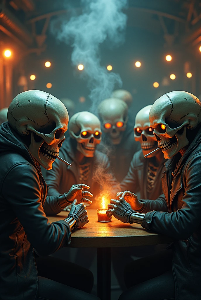Welcome party for recently deceased people, in restaurant, cheerfull and lively, creepy, ghost, unnerving atmosphere