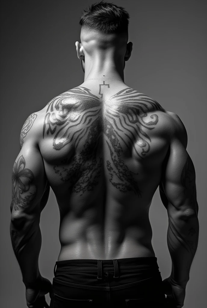 A helthy man holding his own penis by one hand and looking by side in black and white tattoo style