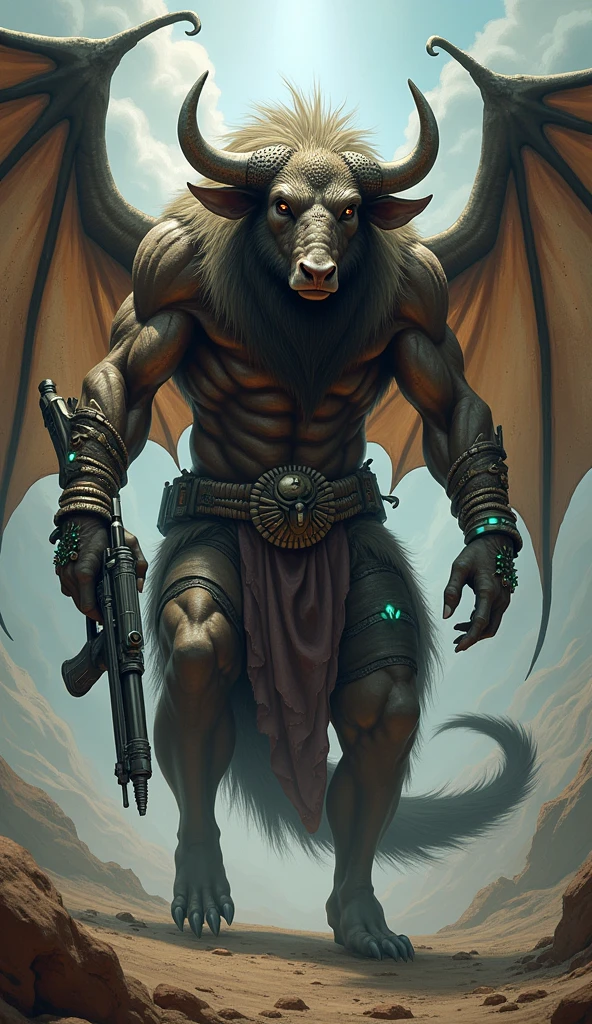 The deity has the head of a buffalo, bat wings, a squirrel tail, and a gun in its hand.