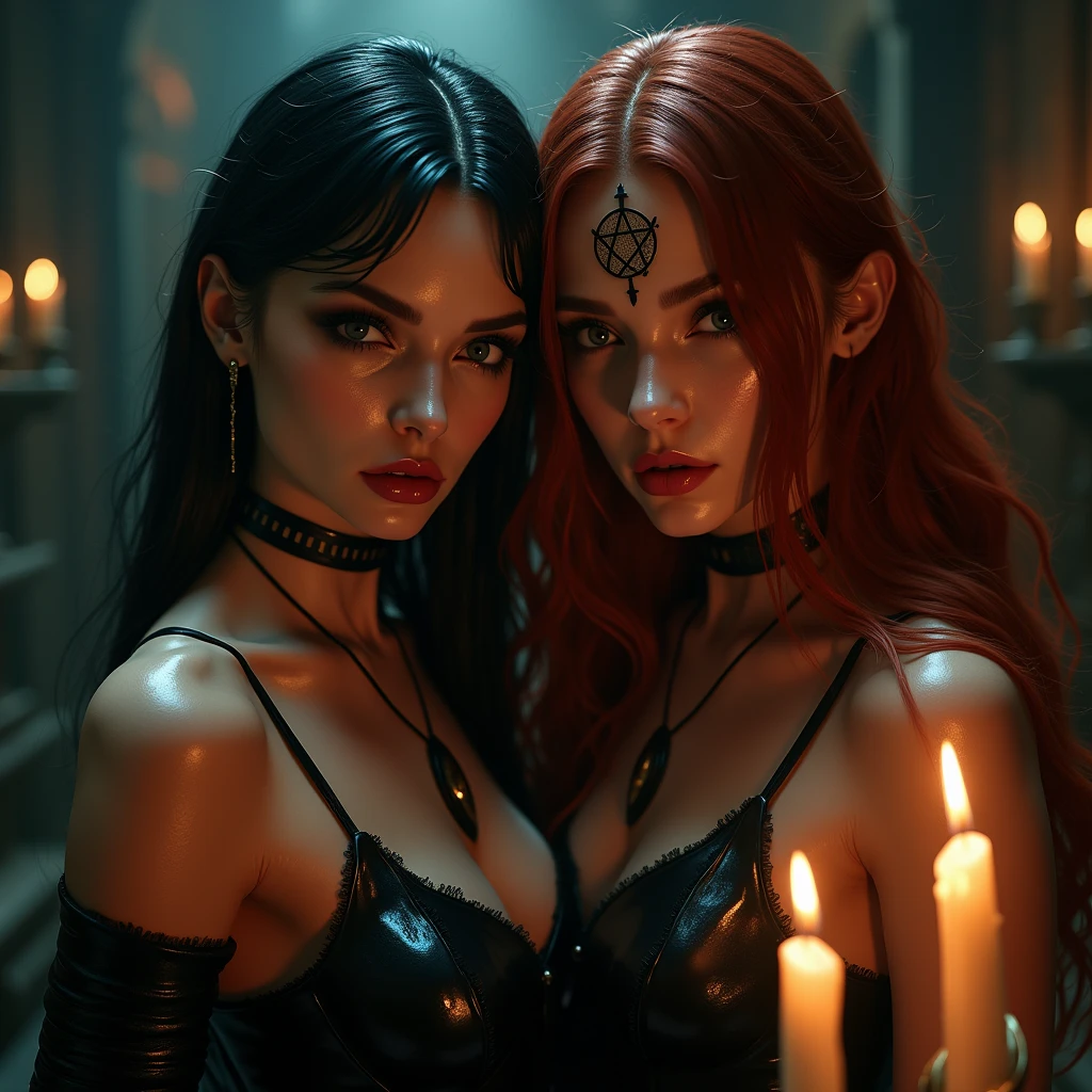 two beautiful monster girls, 25 years old, deep kissing, naked bodies pressing together, deep hug, high detailed face, best quality, in hell, fire and flames everywhere, glowing eyes