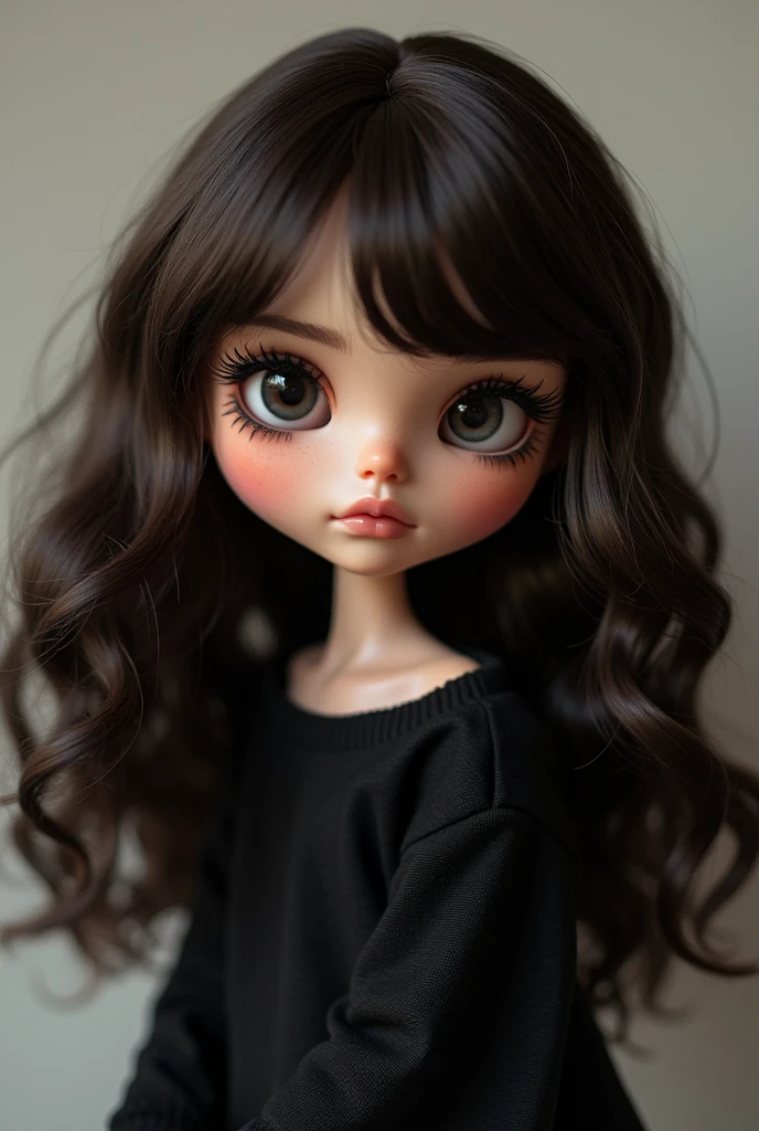 Blythe doll straight black hair and bangs, light skin, lip and nose piercing, dark brown eyes