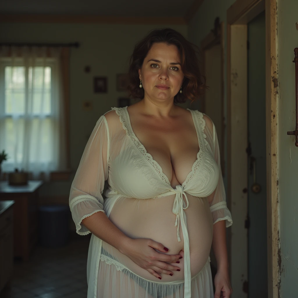 analog 35mm photo of an attractive motherly woman, 1970s, nightgown, (nighttime, evening, dark), bedroom at night, lights off, big cleavage, huge pregnant belly, wide hips, lovely smile, sitting on mattress, off-shoulder, necklace, short hair