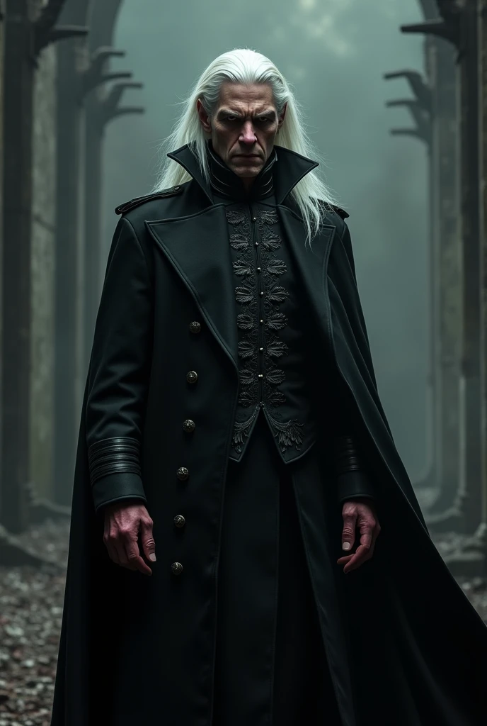 Young elf man has long white hair a white beard red eyes wears a black cloak and underneath he is wearing black robes his hands are dressed with black gauntlets new