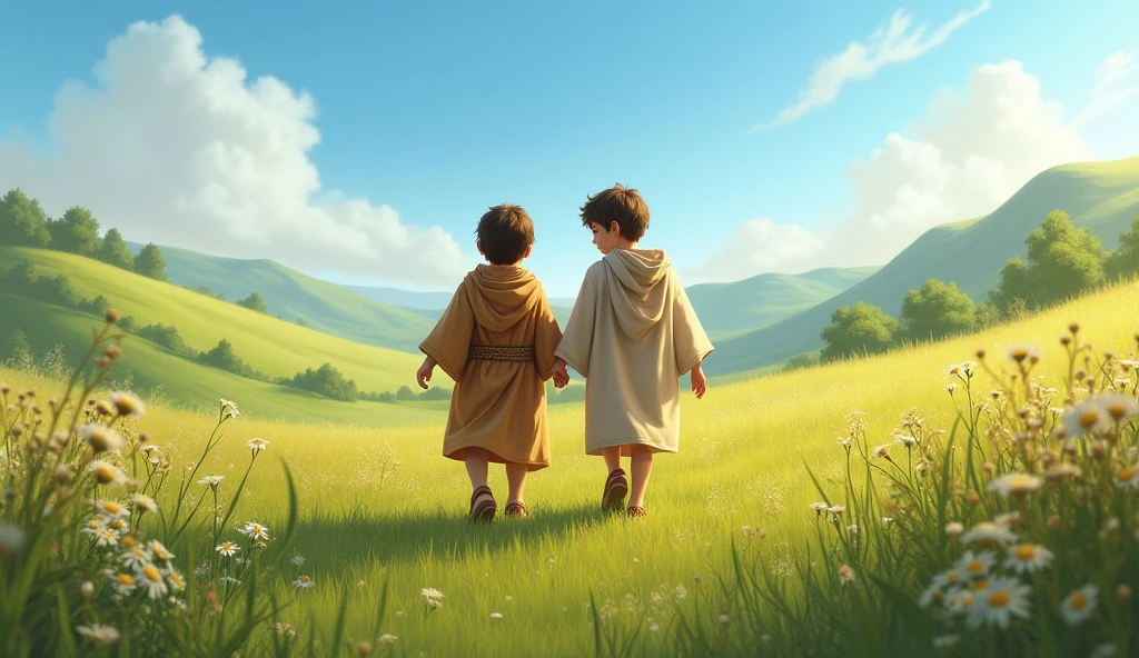 A 3D movie poster in Disney-Pixar style of Jesus as a boy helping another boy who broke his ankle and praying with that ???