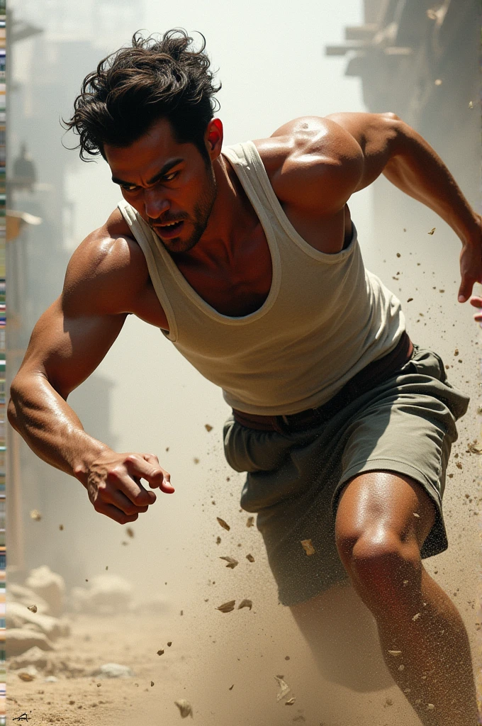 A young men running, big one watch in background, wearing a short pant, it's to hard working person