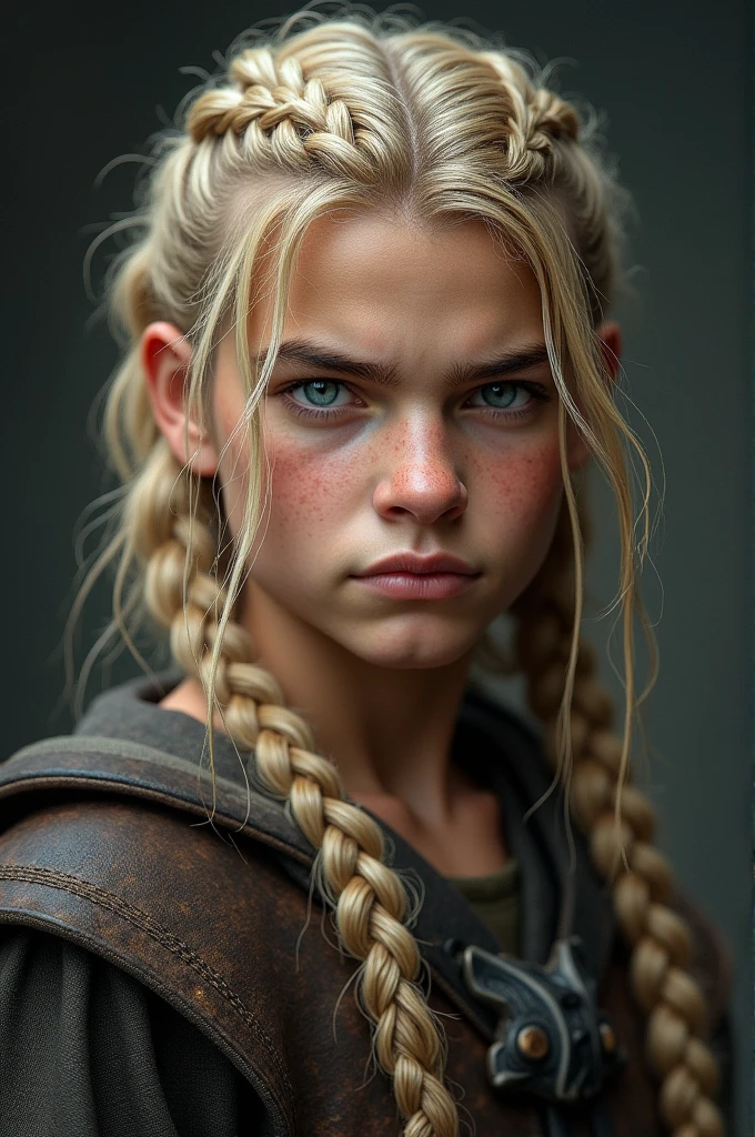 small viking, blonde hair, green eyes, sick, with a blanket as a cape, cartoon style