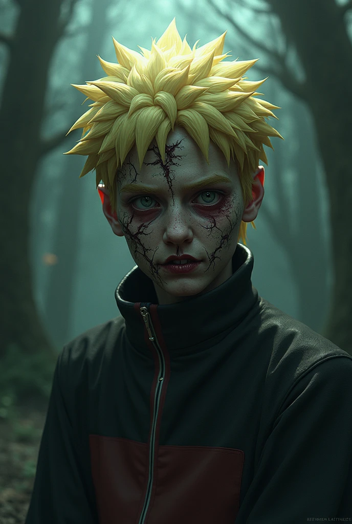 1boy, uzumaki naruto as zombie, scary face, scary expression, bloody, torn clothes, thigh up shot, 8k wallpaper, best quality, masterpiece