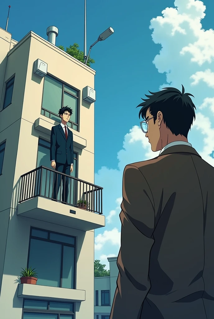 anime styling, tribe, Standing on the terrace of a building, image from bottom to top angle