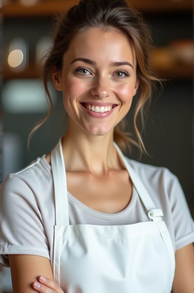 Young female cook, with glasses , with arms crossed, posing and with a playful expression
