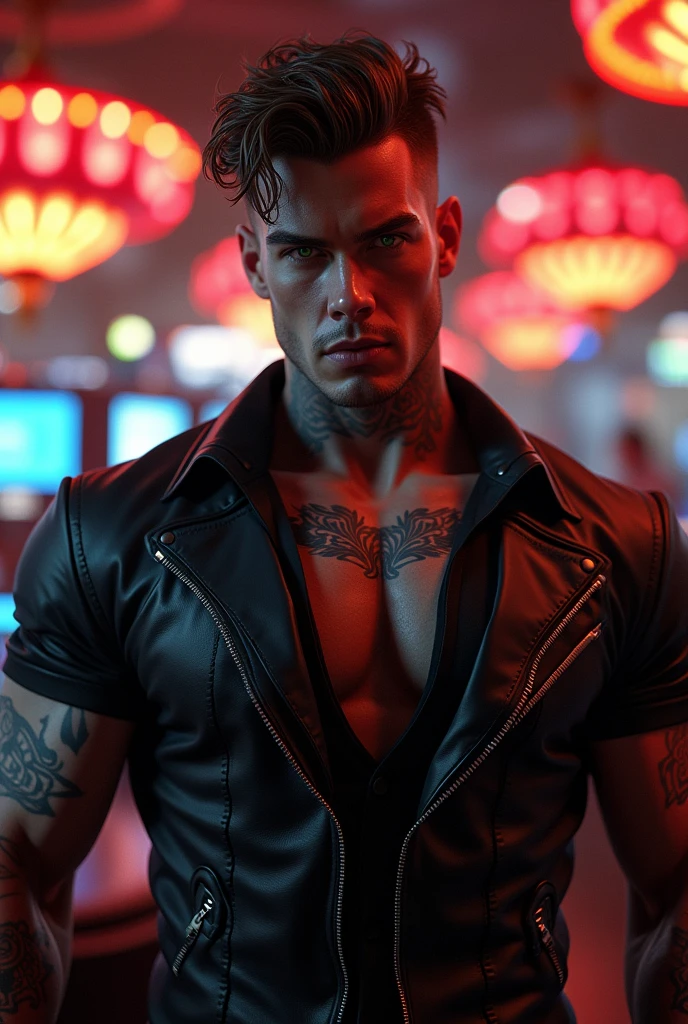 East European man, Ethnically East European, proustite, cyberpunk, street worker, safe for work picture, wearing revealing clothing, wearing suggestive clothing