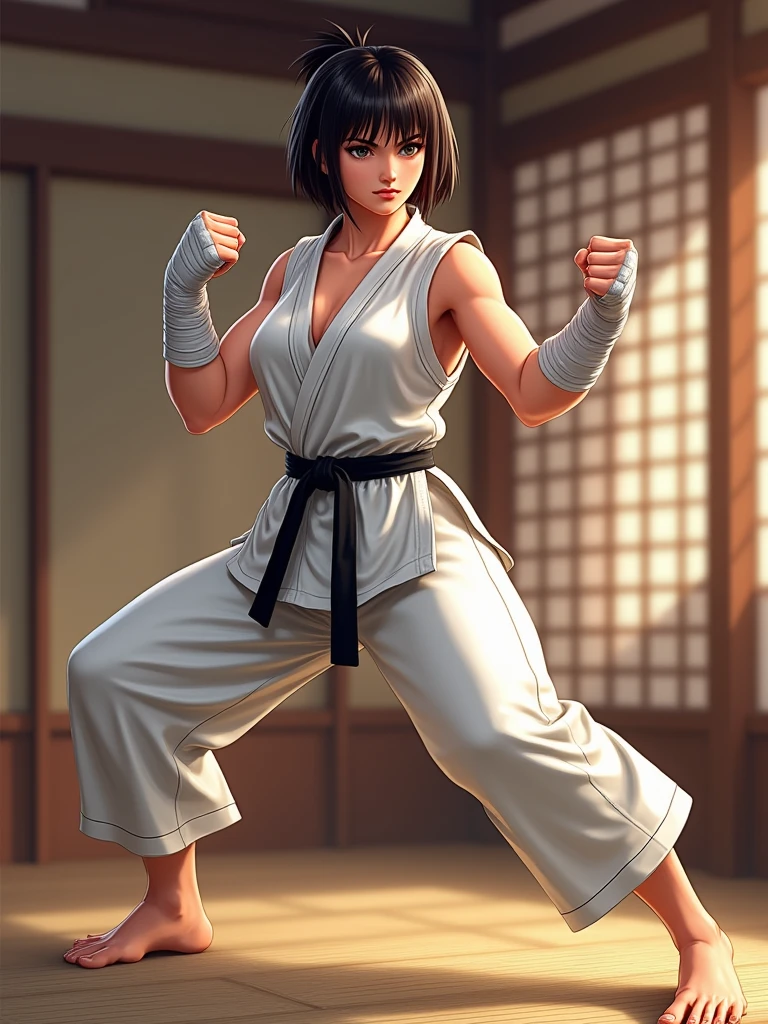 Young Woman in Anime, Wearing a white karate costume, Short black hair with red underage, Concentrated energy, street fighter, Random Karate Pose, (intricate detailes), nffsw, (intricate detailes, super-fine: 1.2), Video, centre,