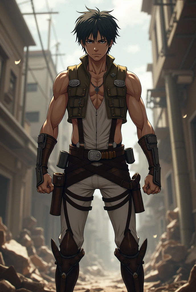 Jean Kirschstein from Attack on Titan is flexing his thighs in black boxershorts