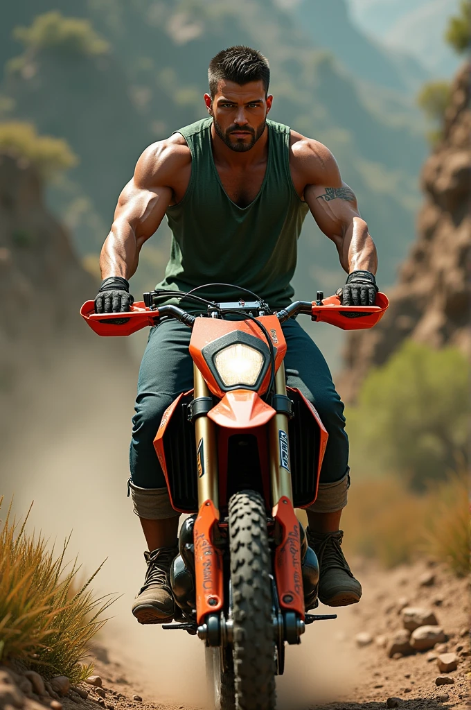 man arafael on a dirt bike without a shirt, sweaty, Mechanic, trying to ride it, gif, perfect detail, 4 0 9 6, 6 packages, navel showing, ernest khalimov body, look at this detail!, cover photo, trout coming out of pants, photo of a male motorcyclist, using knee pads and elbow pads, great detail