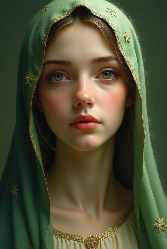 Face of Virgin Mary wearing green clothes
