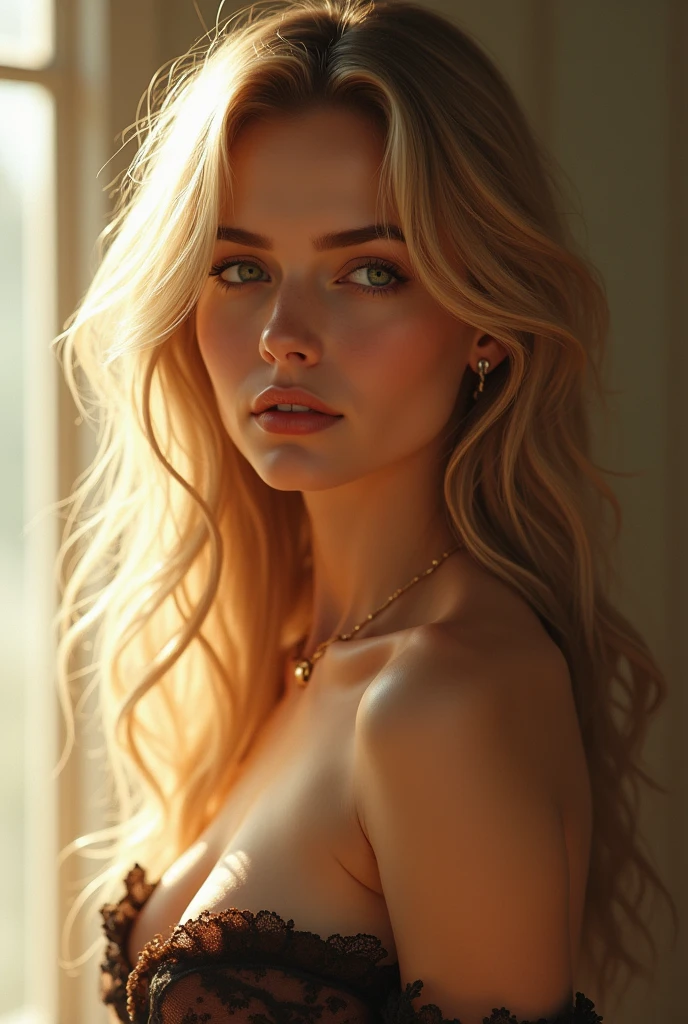 (best quality,4k,highres:1.2),ultra-detailed,(realistic:1.37) portrait,classic nude,beautiful detailed eyes,beautiful detailed lips,extremely detailed face, long blonde hair, wavy hair, European, sitting on a sofa