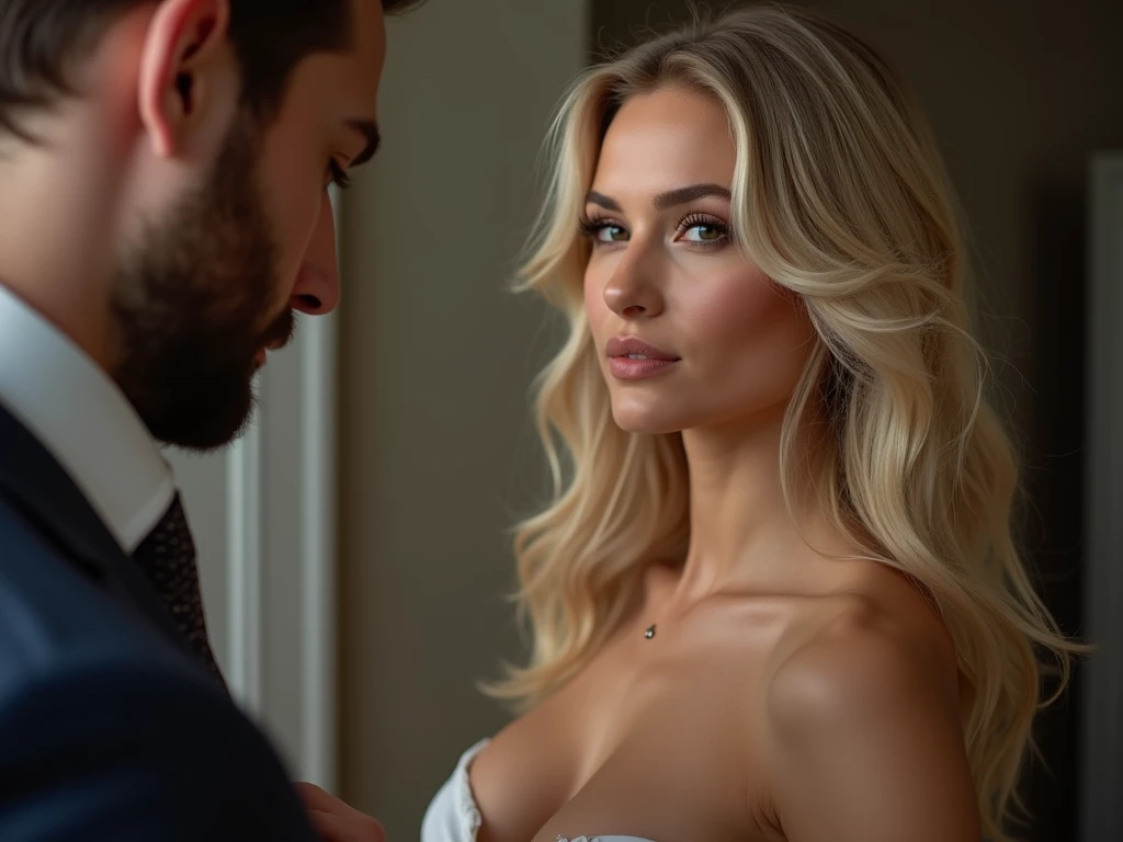 A blonde woman with a sensual but not explicit appearance is sitting in a modern office, having a conversation with a man. She is dressed in a stylish and slightly revealing outfit, exuding confidence and charm while keeping the scene tasteful. The office environment includes a sleek desk, a computer, and bookshelves, creating a professional atmosphere.