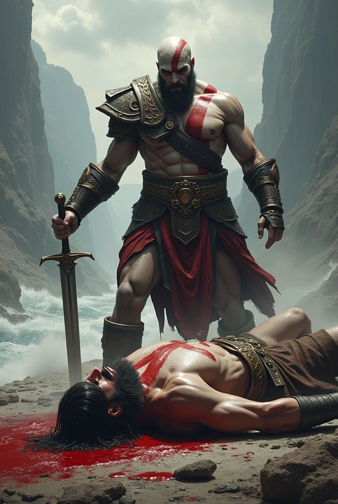 A rough oil paint of a man with his defeated opponent