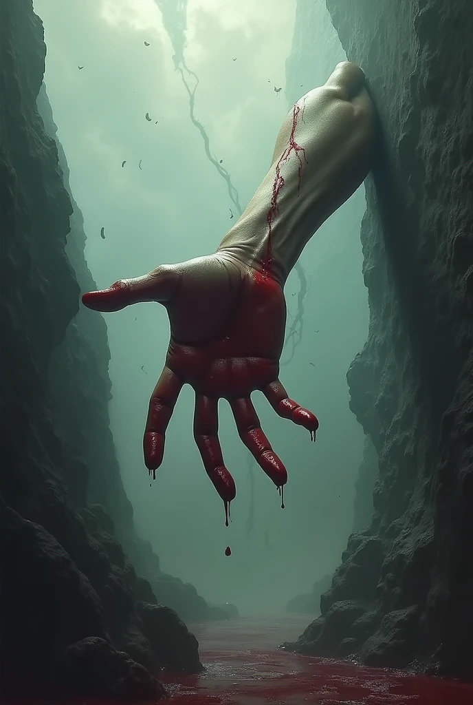 A bloody hand reaches towards the hole,dark deep pit,There is only a glimmer of light at the far entrance of the cave