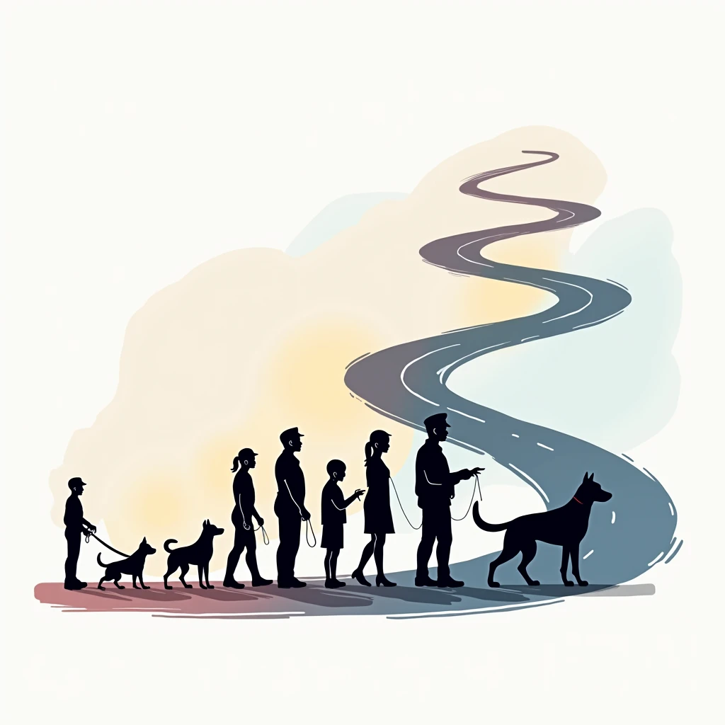 Design a vector-style illustration symbolizing the 'Ruta Tuyupan,' showing the evolution of both police officers and their K9 partners. The graphic should represent the journey of growth and progression from the beginning to the graduation stage, divided into two sections:
Beginning (Cachorro / Novato):
For the K9: A puppy learning basic skills, possibly on a leash with a simple silhouette, symbolizing the early stages of training.
For the Officer: A young or new officer, in casual or basic uniform, starting their journey in the police academy.
Middle (Desarrollo):
For the K9: The dog growing, becoming more disciplined and agile. It should represent a trained, focused dog, learning specialized skills.
For the Officer: The officer becoming more experienced, with a more refined uniform. The officer and the K9 are now working together, showing teamwork and progression in their bond.
End (Graduación / Profesional):
For the K9: A fully trained, confident K9, capable of performing specialized tasks like tracking or detection. The dog should be shown in its peak training phase.
For the Officer: A fully graduated officer in formal, professional uniform, standing side by side with their fully trained K9 partner, representing the final stage of their journey and teamwork.
The background should include abstract elements representing the journey’s path, such as a winding, evolving road that connects all the stages. Use a gradient of colors that transition from lighter, softer tones at the beginning to darker, richer hues at the end to symbolize growth, maturity, and mastery.